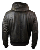Jaqueta bomber masculina de couro marrom lavado com efeito desgastado, capuz removível e acolchoada.