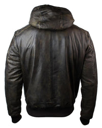 Jaqueta bomber masculina de couro marrom lavado com efeito desgastado, capuz removível e acolchoada.