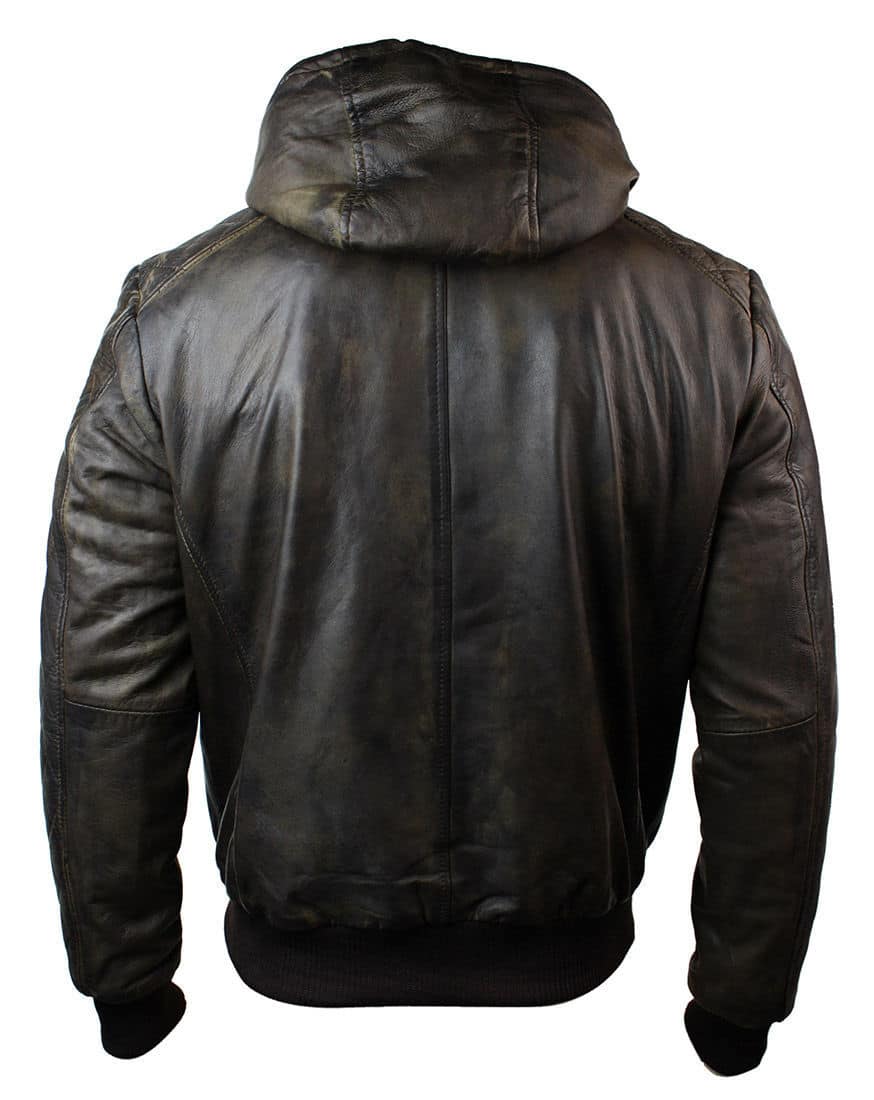 Jaqueta bomber masculina de couro marrom lavado com efeito desgastado, capuz removível e acolchoada.