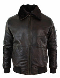 Jaqueta Bomber Masculina Acolchoada em Couro Legítimo com Gola de Pele, Estilo Piloto, Preta Vintage Marrom-Marrom