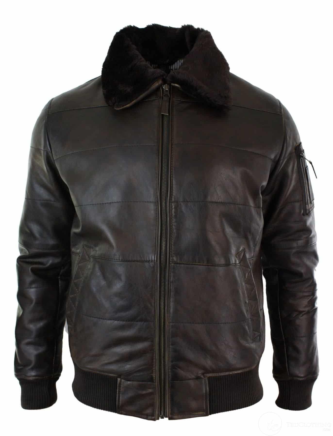 Jaqueta Bomber Masculina Acolchoada em Couro Legítimo com Gola de Pele, Estilo Piloto, Preta Vintage Marrom-Marrom