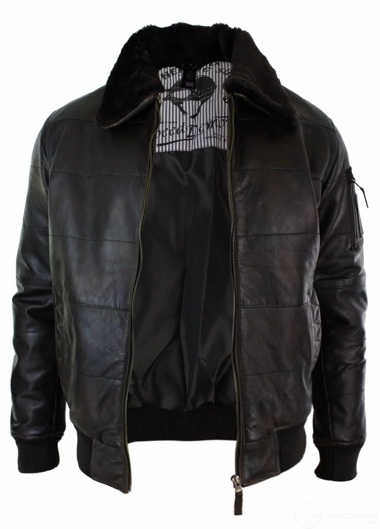 Jaqueta Bomber Masculina Acolchoada em Couro Legítimo com Gola de Pele, Estilo Piloto, Preta Vintage Marrom-Marrom