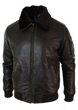 Jaqueta Bomber Masculina Acolchoada em Couro Legítimo com Gola de Pele, Estilo Piloto, Preta Vintage Marrom-Marrom