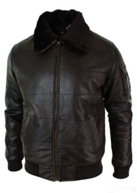 Jaqueta Bomber Masculina Acolchoada em Couro Legítimo com Gola de Pele, Estilo Piloto, Preta Vintage Marrom-Marrom