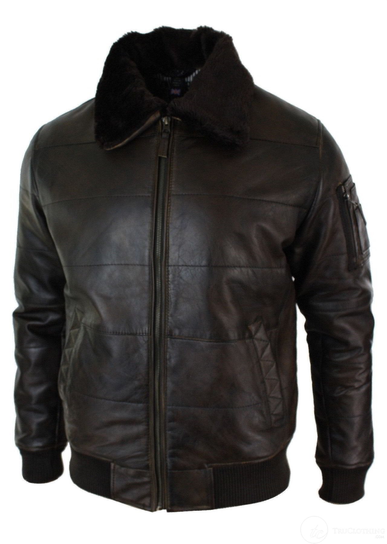 Jaqueta Bomber Masculina Acolchoada em Couro Legítimo com Gola de Pele, Estilo Piloto, Preta Vintage Marrom-Marrom