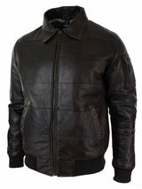Jaqueta Bomber Masculina Acolchoada em Couro Legítimo com Gola de Pele, Estilo Piloto, Preta Vintage Marrom-Marrom