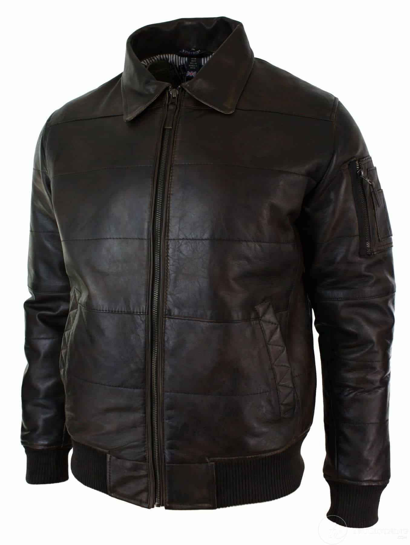 Jaqueta Bomber Masculina Acolchoada em Couro Legítimo com Gola de Pele, Estilo Piloto, Preta Vintage Marrom-Marrom