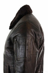 Jaqueta Bomber Masculina Acolchoada em Couro Legítimo com Gola de Pele, Estilo Piloto, Preta Vintage Marrom-Marrom