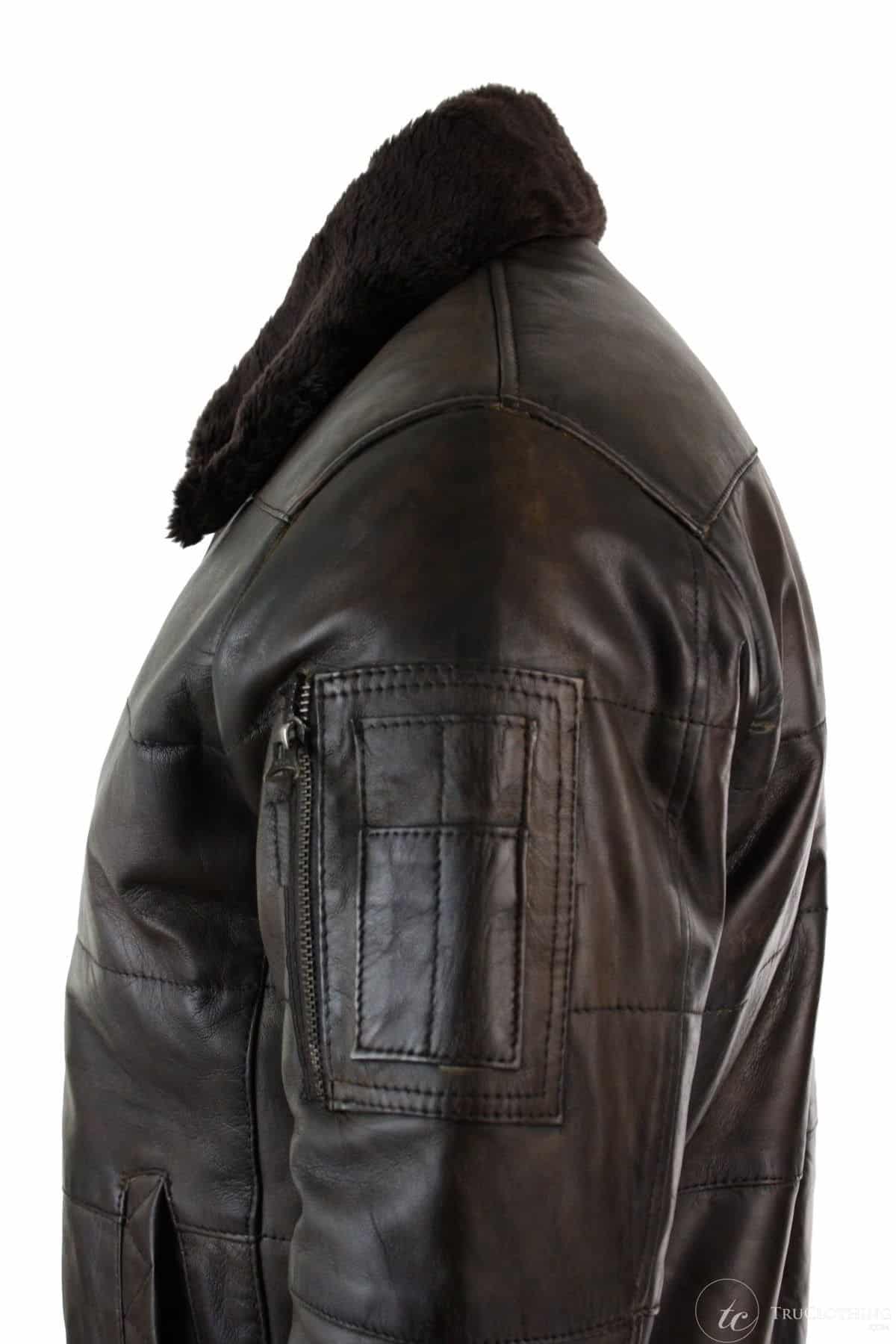 Jaqueta Bomber Masculina Acolchoada em Couro Legítimo com Gola de Pele, Estilo Piloto, Preta Vintage Marrom-Marrom