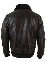 Jaqueta Bomber Masculina Acolchoada em Couro Legítimo com Gola de Pele, Estilo Piloto, Preta Vintage Marrom-Marrom