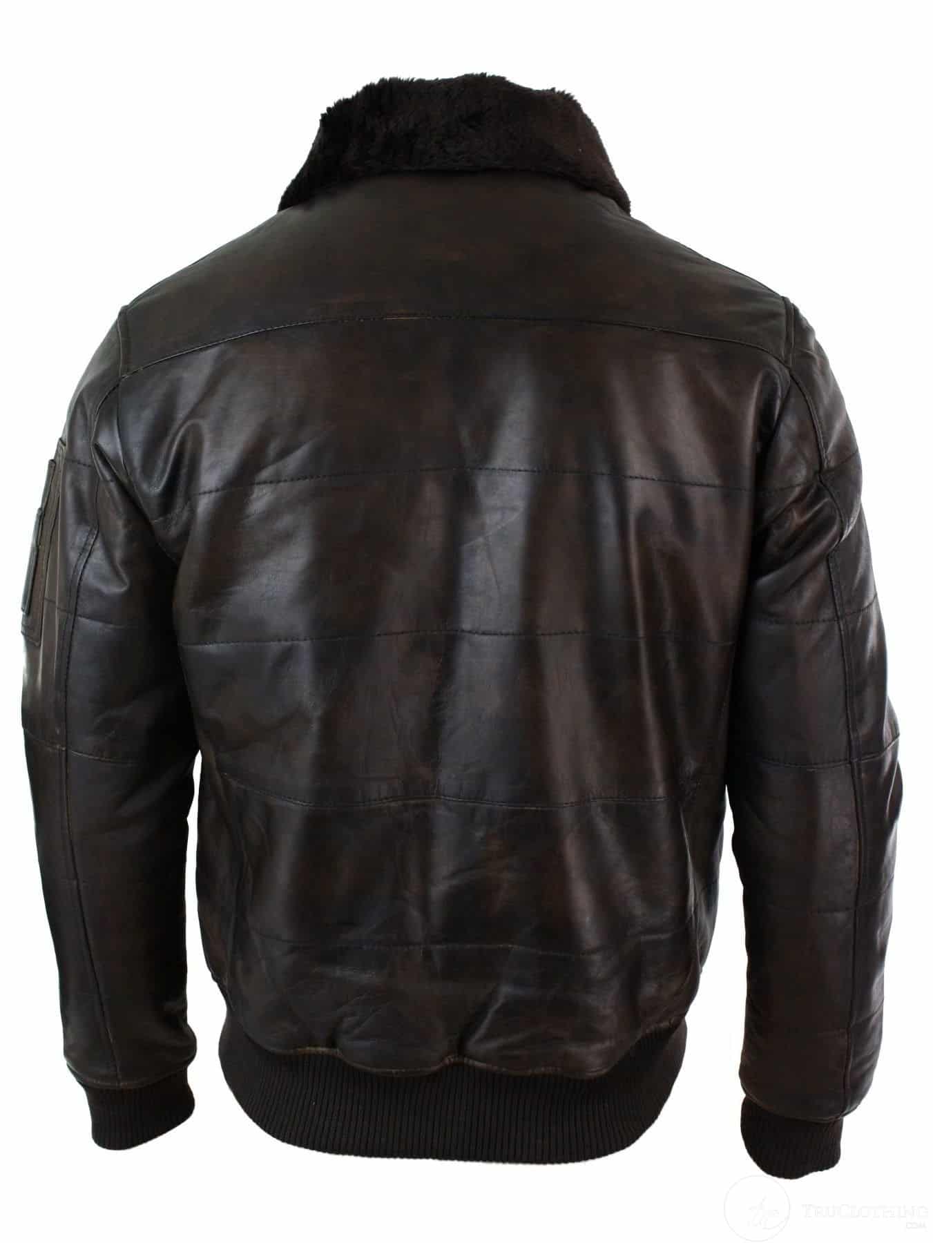 Jaqueta Bomber Masculina Acolchoada em Couro Legítimo com Gola de Pele, Estilo Piloto, Preta Vintage Marrom-Marrom