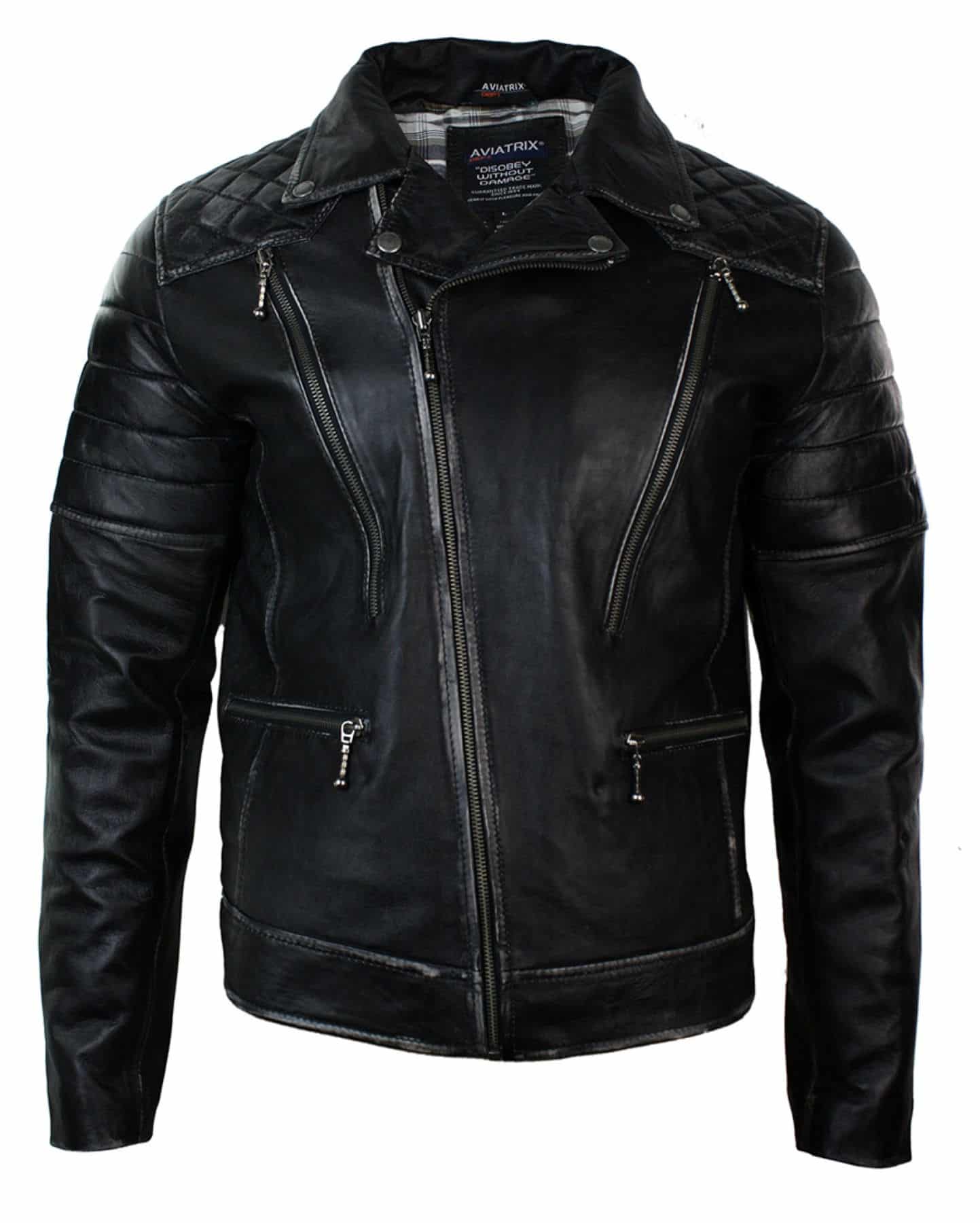 Jaqueta masculina de couro legítimo estilo punk rock com zíper cruzado e efeito retrô vintage.