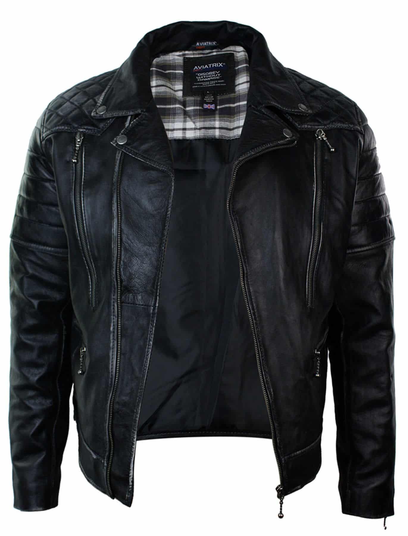 Jaqueta masculina de couro legítimo estilo punk rock com zíper cruzado e efeito retrô vintage.