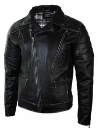 Jaqueta masculina de couro legítimo estilo punk rock com zíper cruzado e efeito retrô vintage.