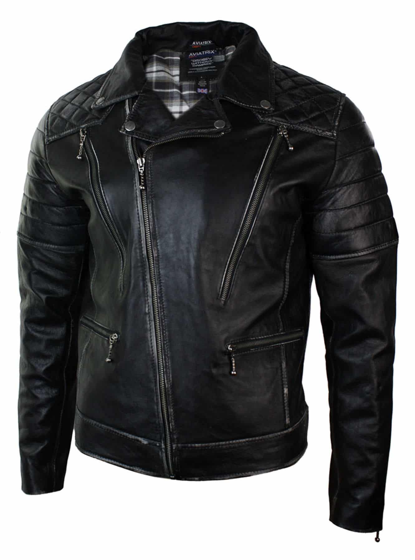 Jaqueta masculina de couro legítimo estilo punk rock com zíper cruzado e efeito retrô vintage.