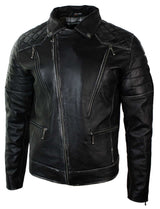 Jaqueta masculina de couro legítimo estilo punk rock com zíper cruzado e efeito retrô vintage.