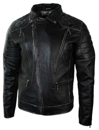 Jaqueta masculina de couro legítimo estilo punk rock com zíper cruzado e efeito retrô vintage.