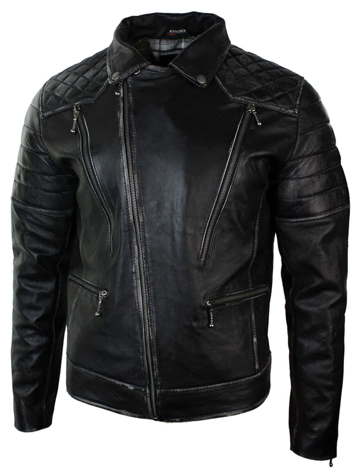 Jaqueta masculina de couro legítimo estilo punk rock com zíper cruzado e efeito retrô vintage.