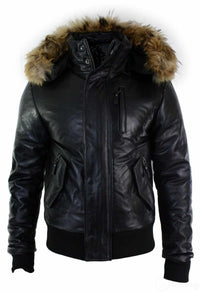 Jaqueta Bomber Masculina de Couro com Capuz de Pele Autêntica, Preta e Acolchoada - Preta