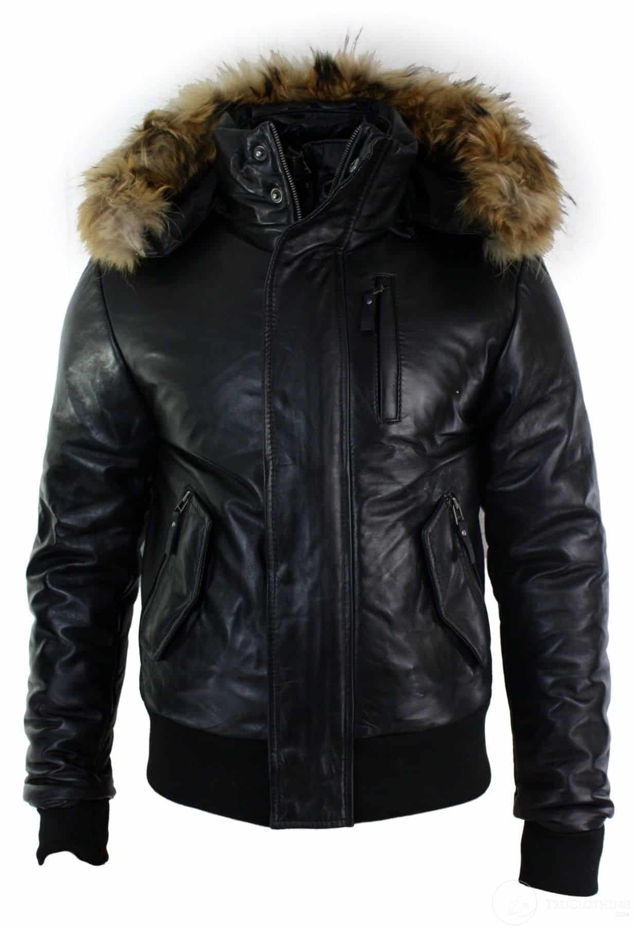 Jaqueta Bomber Masculina de Couro com Capuz de Pele Autêntica, Preta e Acolchoada - Preta