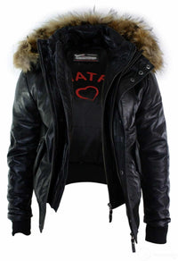 Jaqueta Bomber Masculina de Couro com Capuz de Pele Autêntica, Preta e Acolchoada - Preta