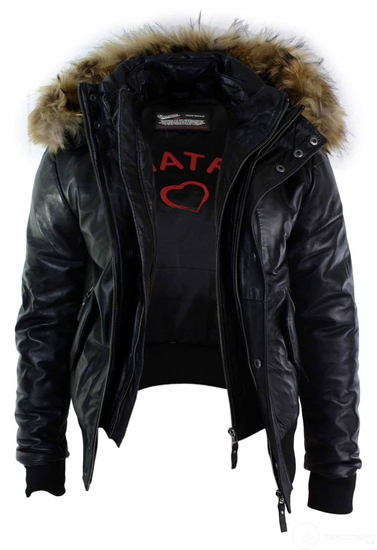 Jaqueta Bomber Masculina de Couro com Capuz de Pele Autêntica, Preta e Acolchoada - Preta