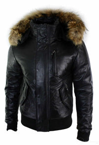Jaqueta Bomber Masculina de Couro com Capuz de Pele Autêntica, Preta e Acolchoada - Preta