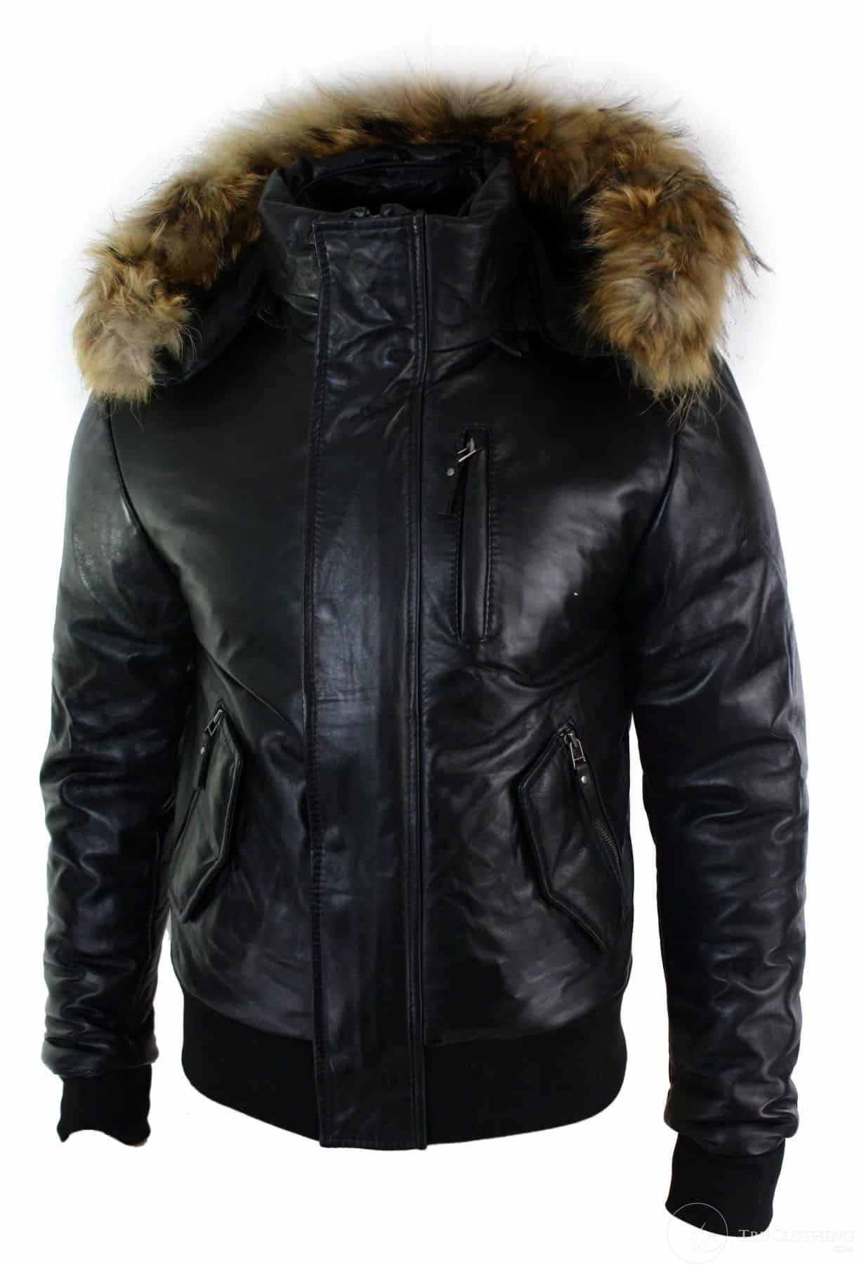 Jaqueta Bomber Masculina de Couro com Capuz de Pele Autêntica, Preta e Acolchoada - Preta
