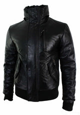 Jaqueta Bomber Masculina de Couro com Capuz de Pele Autêntica, Preta e Acolchoada - Preta