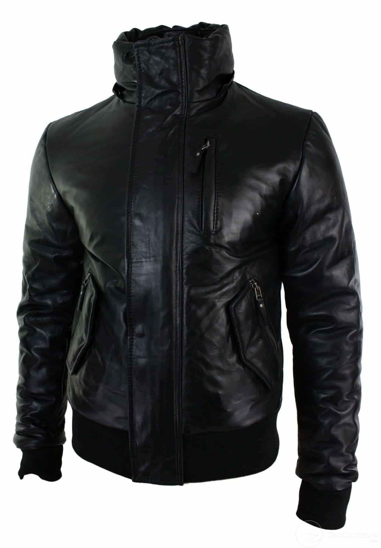 Jaqueta Bomber Masculina de Couro com Capuz de Pele Autêntica, Preta e Acolchoada - Preta