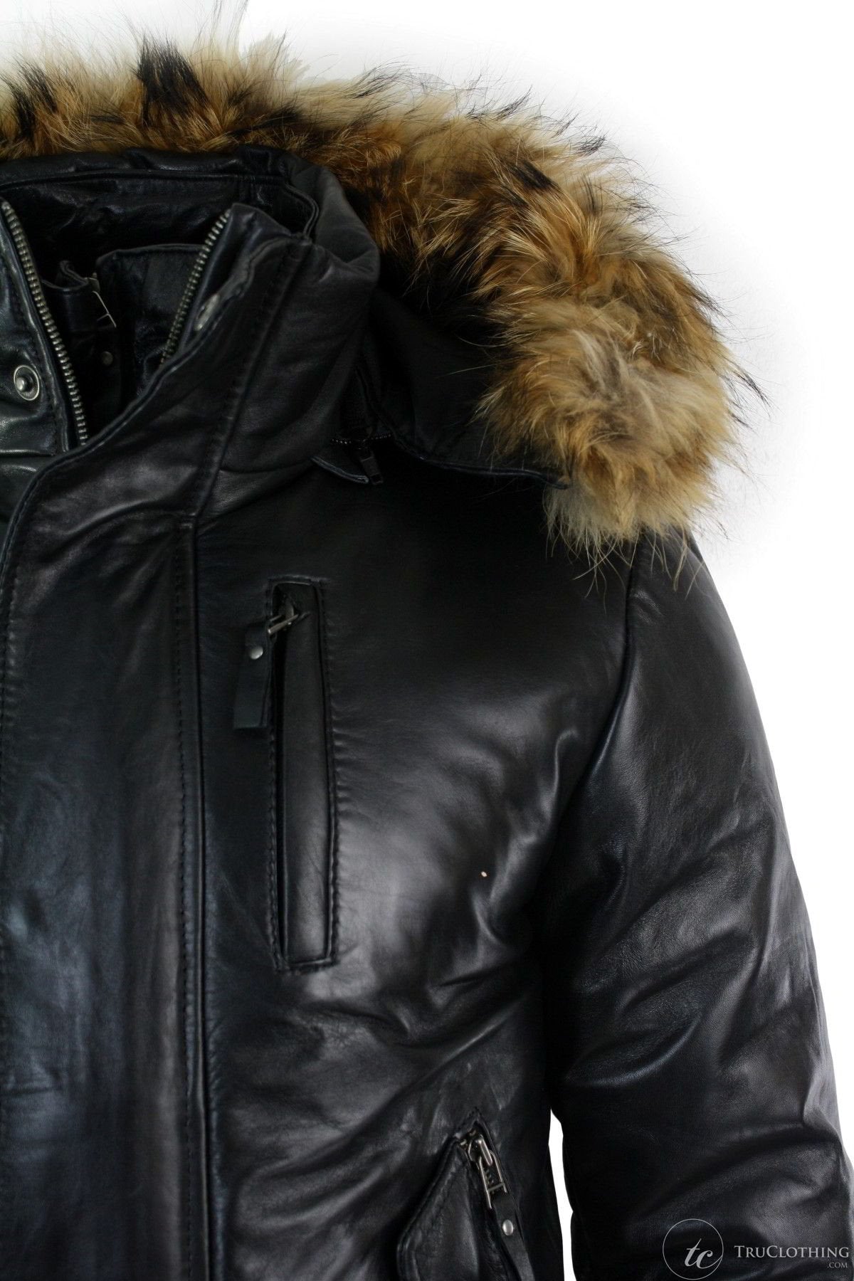 Jaqueta Bomber Masculina de Couro com Capuz de Pele Autêntica, Preta e Acolchoada - Preta