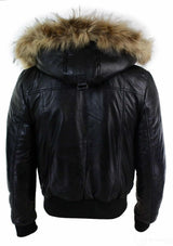 Jaqueta Bomber Masculina de Couro com Capuz de Pele Autêntica, Preta e Acolchoada - Preta