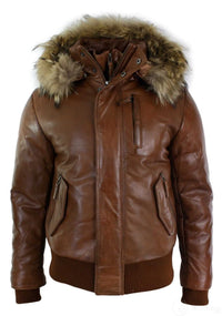 Jaqueta bomber masculina de couro com capuz de pele verdadeira, preta e acolchoada, cor bege.