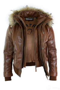 Jaqueta bomber masculina de couro com capuz de pele verdadeira, preta e acolchoada, cor bege.