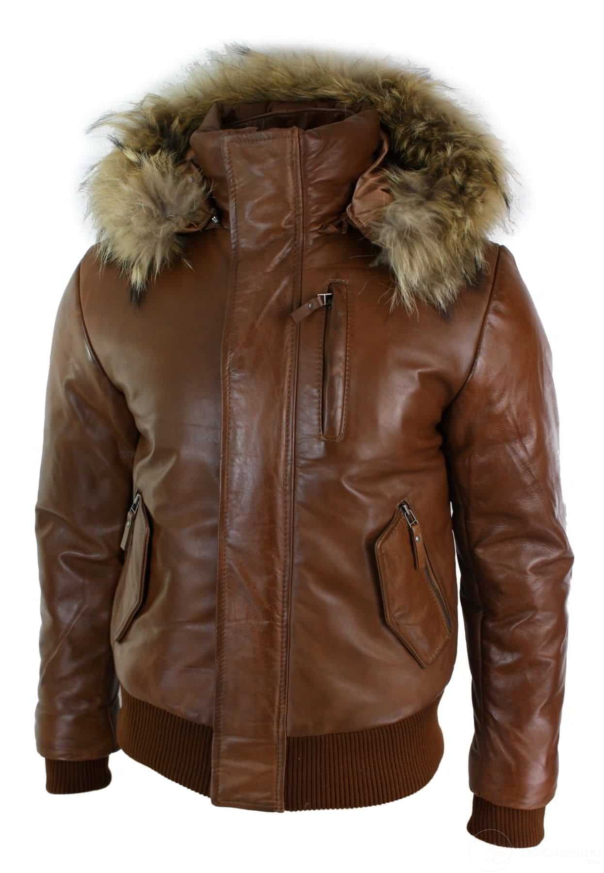 Jaqueta bomber masculina de couro com capuz de pele verdadeira, preta e acolchoada, cor bege.
