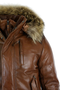 Jaqueta bomber masculina de couro com capuz de pele verdadeira, preta e acolchoada, cor bege.