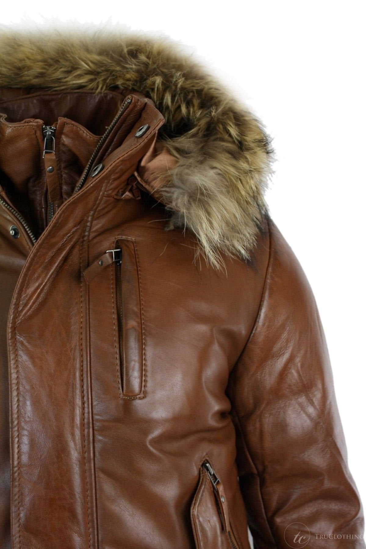 Jaqueta bomber masculina de couro com capuz de pele verdadeira, preta e acolchoada, cor bege.