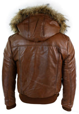 Jaqueta bomber masculina de couro com capuz de pele verdadeira, preta e acolchoada, cor bege.
