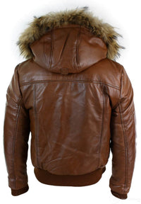 Jaqueta bomber masculina de couro com capuz de pele verdadeira, preta e acolchoada, cor bege.