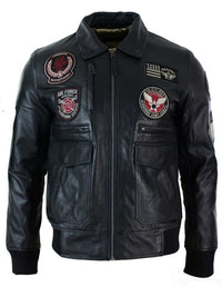 Jaqueta Bomber Masculina Preta em Couro Legítimo com Distintivo de Piloto da Força Aérea - Preta