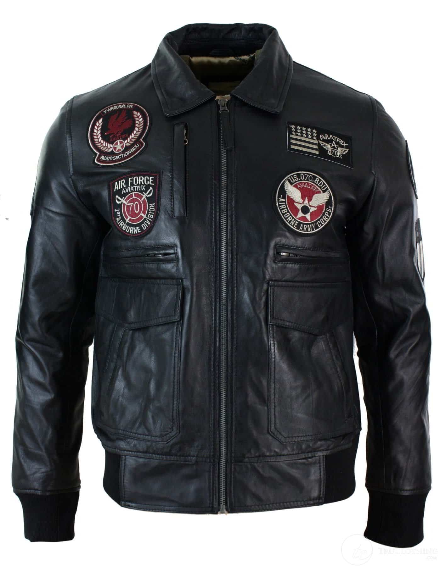 Jaqueta Bomber Masculina Preta em Couro Legítimo com Distintivo de Piloto da Força Aérea - Preta