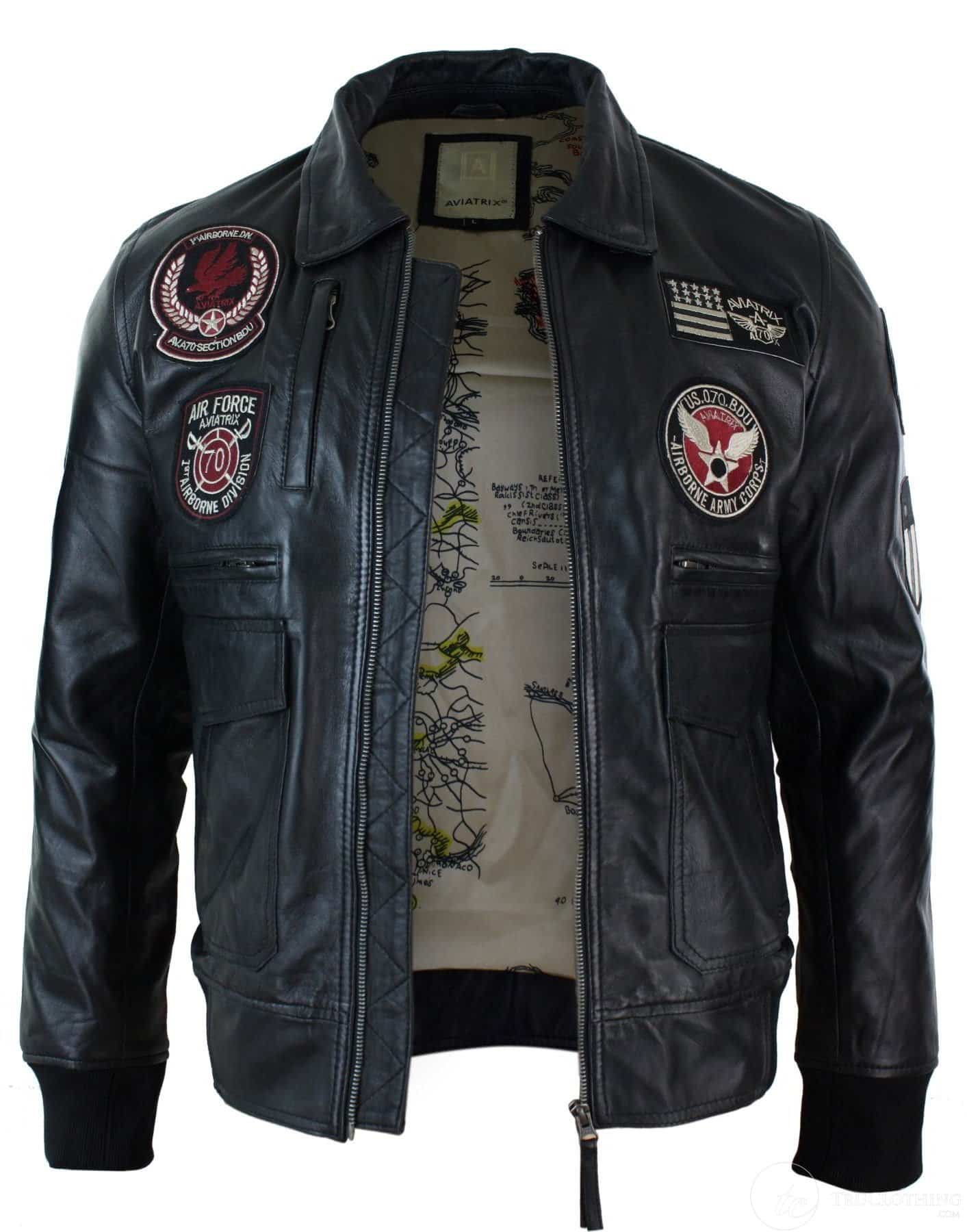 Jaqueta Bomber Masculina Preta em Couro Legítimo com Distintivo de Piloto da Força Aérea - Preta