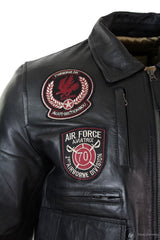 Jaqueta Bomber Masculina Preta em Couro Legítimo com Distintivo de Piloto da Força Aérea - Preta