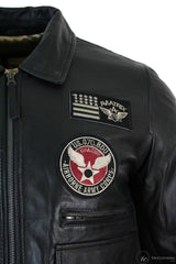 Jaqueta Bomber Masculina Preta em Couro Legítimo com Distintivo de Piloto da Força Aérea - Preta