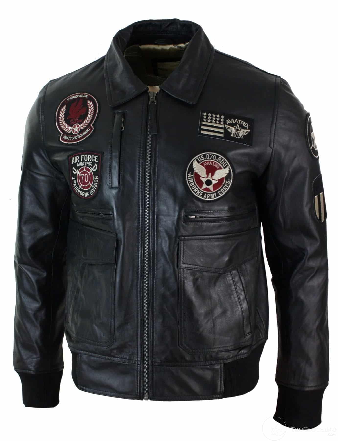 Jaqueta Bomber Masculina Preta em Couro Legítimo com Distintivo de Piloto da Força Aérea - Preta