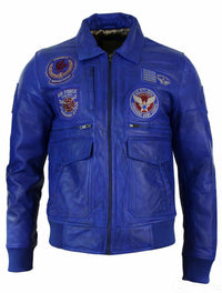 Jaqueta Bomber Masculina de Couro Legítimo Preta com Distintivo de Piloto da Força Aérea - Azul