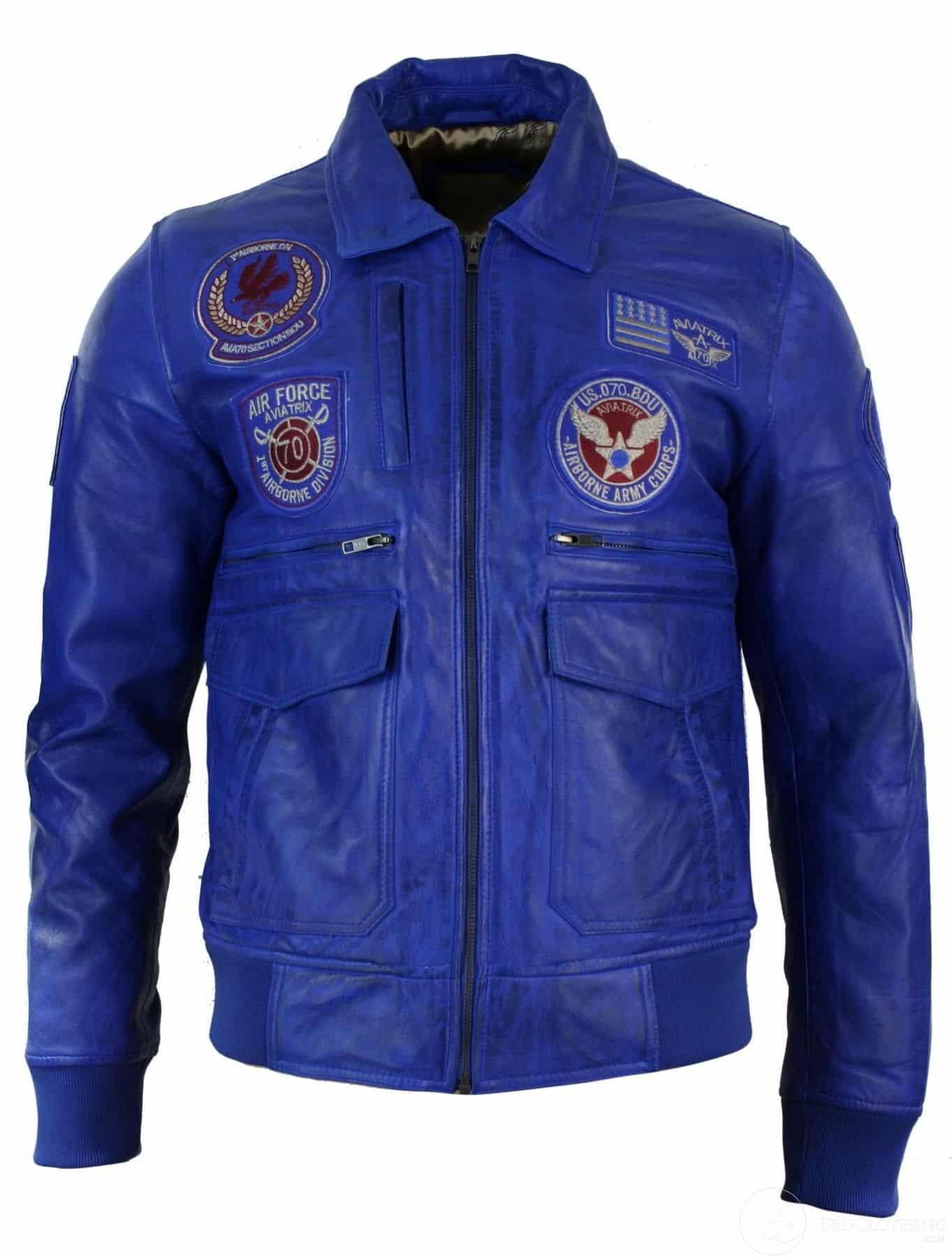 Jaqueta Bomber Masculina de Couro Legítimo Preta com Distintivo de Piloto da Força Aérea - Azul