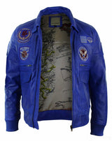 Jaqueta Bomber Masculina de Couro Legítimo Preta com Distintivo de Piloto da Força Aérea - Azul
