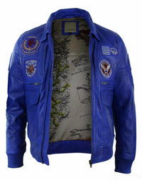Jaqueta Bomber Masculina de Couro Legítimo Preta com Distintivo de Piloto da Força Aérea - Azul