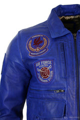 Jaqueta Bomber Masculina de Couro Legítimo Preta com Distintivo de Piloto da Força Aérea - Azul